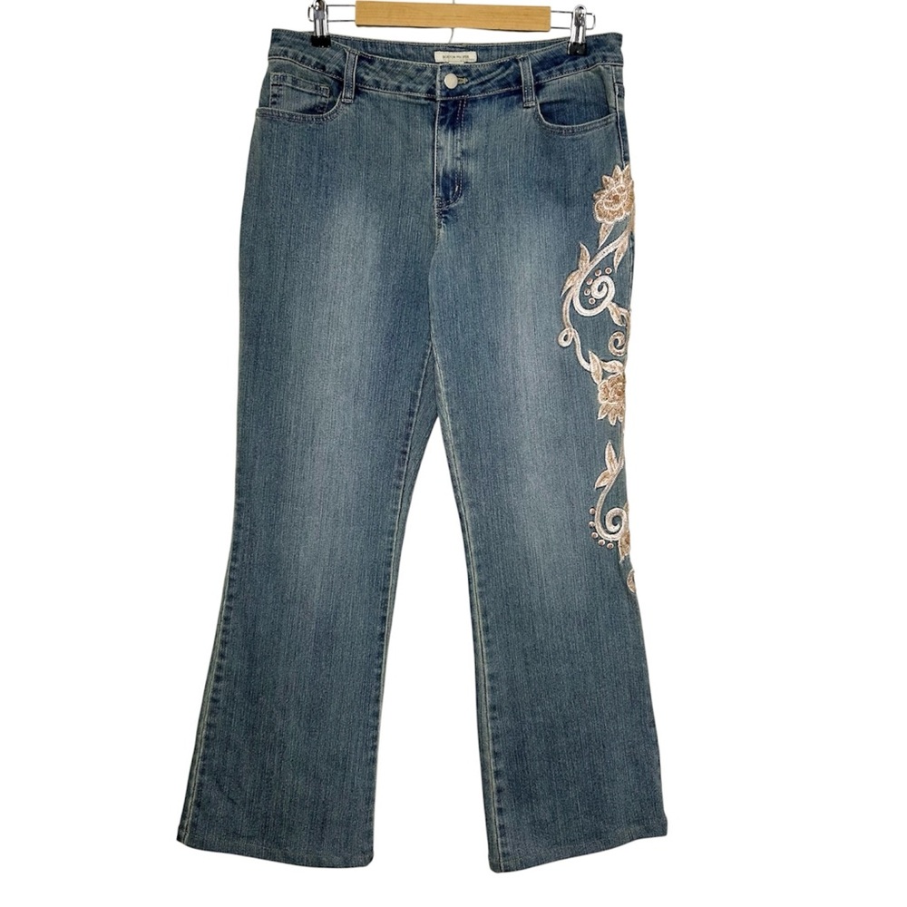 Boston Proper Stretch Blue Wash Mid Rise Flare‎ Bead Embroidery Floral Jeans 12